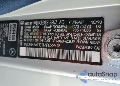 1991 Mercedes-Benz 300 Sl z USA, uszkodzony, nr VIN WDBFA61E1MF022918